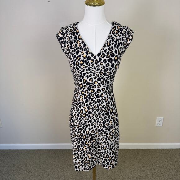H&M Leopard Print Fitted V Neck Pencil Mini Dress US Women's 4 - Picture 2 of 6